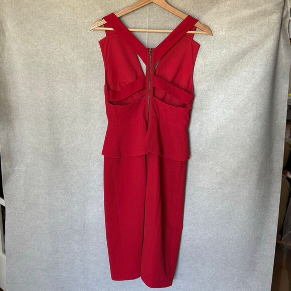 BCBGMAXAZRIA Alena Peplum Red Bodycon Midi Dress Size 4 Cocktail Holiday - Picture 4 of 11